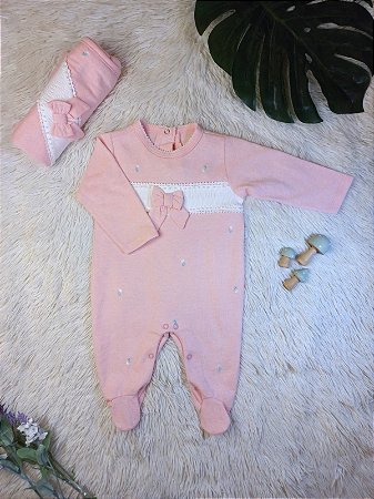 Saída Maternidade Fem Rosa Laço e Pérola P - Anjos Baby