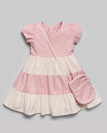 Vestido Maquinetado c/ Bolsa Rosa /Creme Chic - Anjos Baby