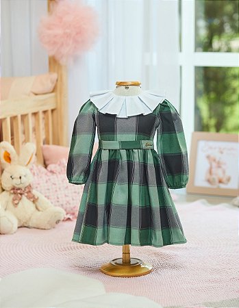 Vestido de Sarja Xadrez Verde e Golinha de Tricoline - Serena Baby