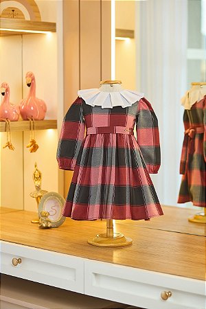 Vestido de Sarja Xadrez Vermelho e Golinha de Tricoline - Serena Baby