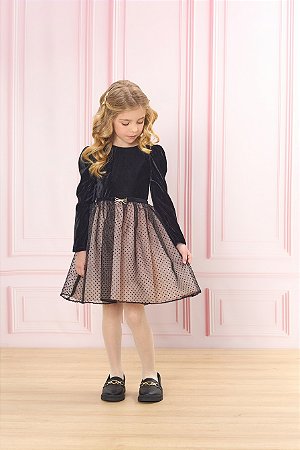 Vestido de Veludo e Tule Preto - Bambollina