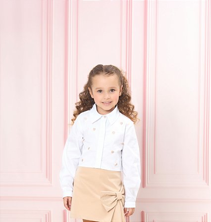 Camisa Fem ML de Tricoline c/ Botões de Coração Branco - Bambollina