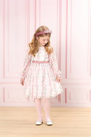Vestido Florido Estampa Listras Animal Print Rosa- Bambollina