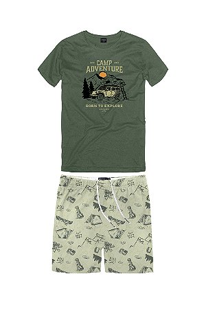 Conjunto Masc Camiseta Adventure Verde e Short Nylon - King e Joe