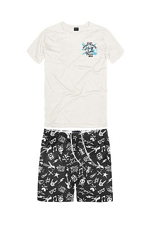 Conjunto Masc Camiseta Everyw OFf White E Bermuda Tactel Preto Estampado- King e Joe