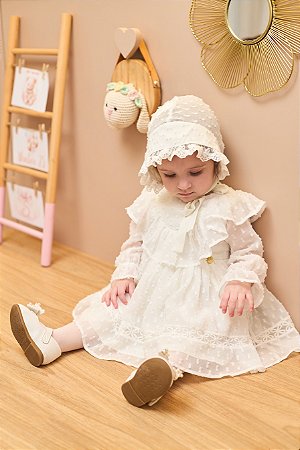 Vestido Shiffon Off White e Touca Batizado - Serena Baby