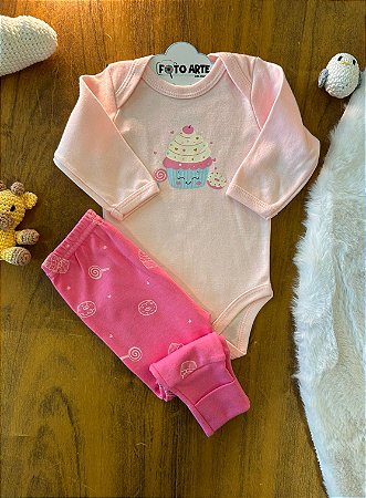Conjunto Body ML Fem e Mijão Cupcake Rosa - Doctor Baby