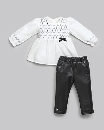 Conjunto Fem Bata ML c/ Bordado e Calça Cirre Preto - Anjos Baby