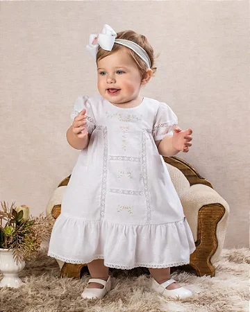Vestido Batizado Maquinetado C/ Renda e Ramos - Anjos Baby