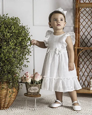 Vestido em Laise Branco Batizado - Anjos Baby