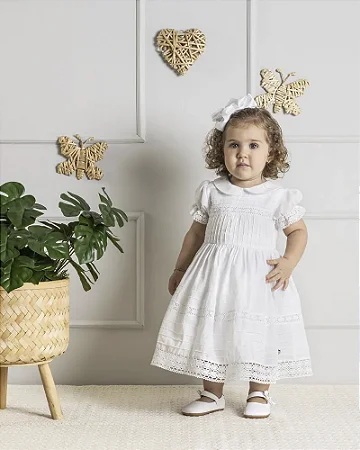 Vestido Branco Maquinetado Batizado - Anjos Baby