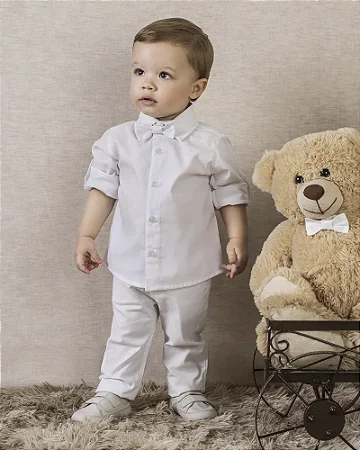 Conjunto Masc Camisa ML e Calça Oxford Sarja Branco Batizado - Anjos Baby