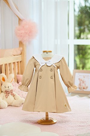 Vestido de Alfaiataria Bege C/ Gola Tricoline Branca - Serena Baby