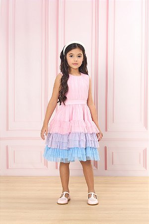 Vestido de Tule Rosa C/ Babados Degradê - Bambollina