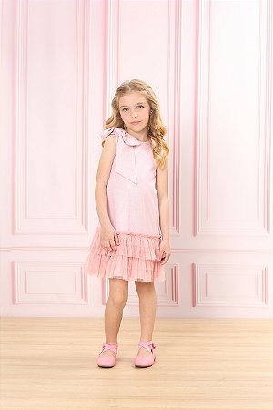 Vestido C/ Laço no Ombro e Tule Rosa - Bambollina