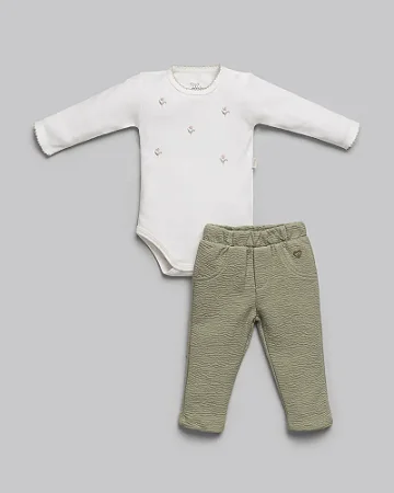 Conjunto Fem Body ML c/ Flores Bordada e Calça Verde Enrugada - Anjos Baby