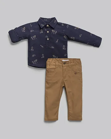 Conjunto Masc Bata ML Azul Escuro e Calça Sarja Caqui - Anjos Baby