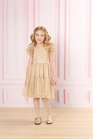 Vestido Charmoso de Tule Glitter Dourado - Bambollina