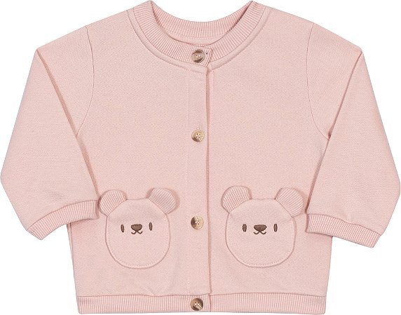 Casaco Fem Botões e Bolso de Urso Rosa - Nini e Bambini