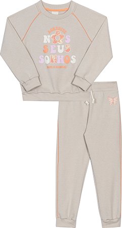 Conjunto Fem Casaco c/ Estmapa e Calça Moletom Bege - Nini e Bambini
