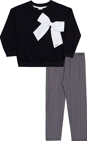 Conjunto Fem Casaco Moletom Preto c/ Laço e Calça Legging - Nini e Bambibi