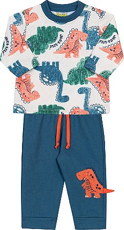 Conjunto Masc Casaco Moletom Dinossauros e Calça Azul - Jaca Lelé