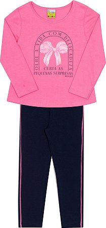 Conjunto Fem Blusa ML Rosa e Legging Azul Escuro - Jaca Lelé