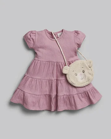 Vestido Malha Anarruga Rosa c/ Bolsa - Anjos Baby