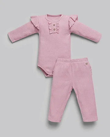 Conjunto Fem Body ML c/ Babado e Calça Canelado Rosa- Anjos Baby
