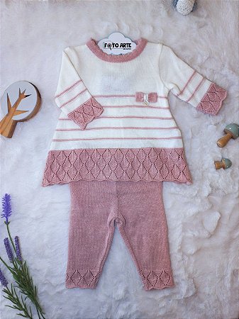 Conjunto Fem Vestidinho Tricot C/ Lacinho e Calça Rosa Bebê RN - Noruega