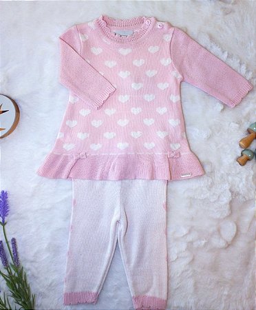 Conjunto Fem Vestidinho Tricot Corações e Calça Rosa Bebê RN - Noruega