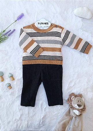 Conjunto Masc Casaco Tricot Listrado c/ Body e Calça Preto RN- Noruega