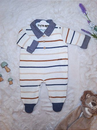 Macacão Masc Tricot Off White c/ Listras e Gola Azul Jeans RN - Noruega