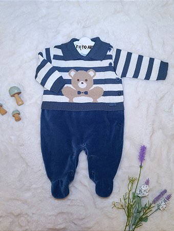Macacão Masc Tricot Listrado Urso  Azul Jeans RN - Noruega