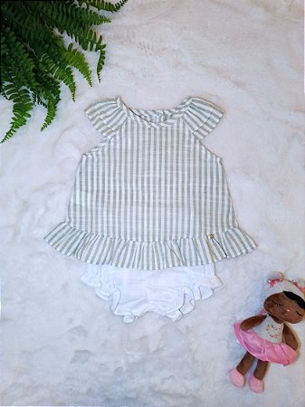 Conjunto Fem Bata Listrada Verde e Tapa Fralda - Bibe