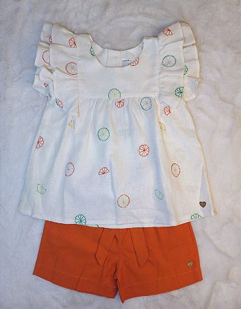 Conjunto Fem Bata Bordado Frutas Citricas e Short Laranja Viscolinho - Anjos Baby