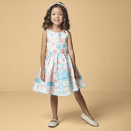 Vestido Festa Infantil Rodado com Estampa Flores e Brilhos- Luluzinha