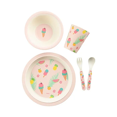 Kit Alimentação 5 Peças Fibra de Bambu Pimp Rosa - Pimpolho