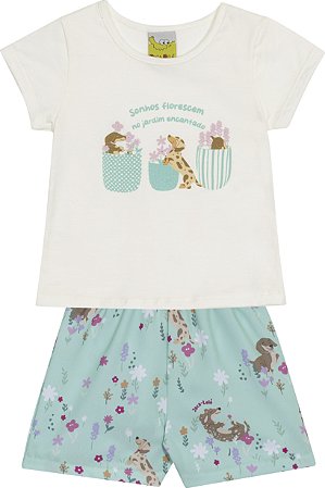 Conjunto Fem Blusa Branca Cachorros e Short Verde Água - Jaca Lelé