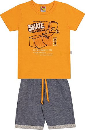 Conjunto Masc Camiseta Laranja Skate e Bermuda Azul - Jaca Lelé