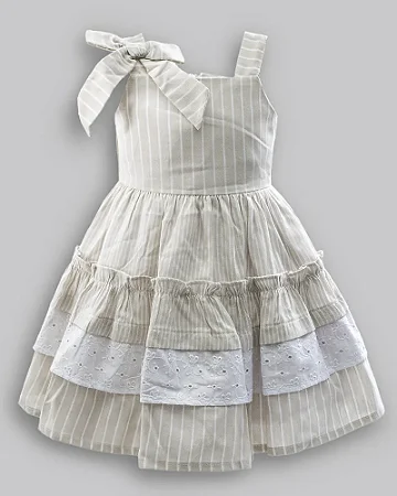 Vestido Tricoline Bege Listrado c/ Renda Branca - Anjos Baby
