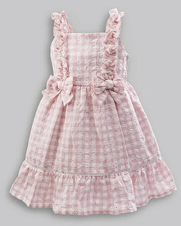Vestido Xadrez Bordado Rosa em Lese c/ Laço - Anjos Baby