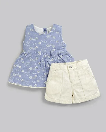 Conjunto Fem Bata Laise Azul e Bermuda Areia - Anjos Baby