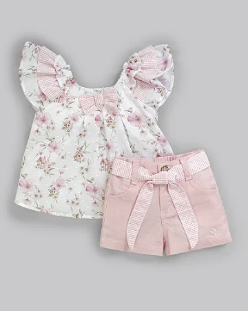 Conjunto Fem Bata Florida e  Short em Linho Rosa M - Anjos Baby