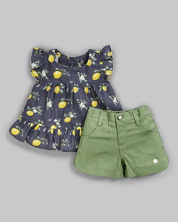 Conjunto Fem Bata Estampa Limões e  Short em Linho Verde G - Anjos Baby