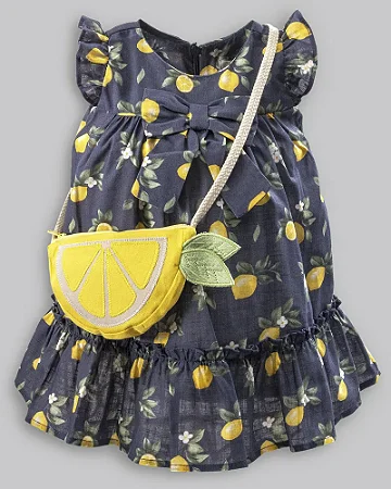 Vestido Maquinetado Estampa Limões c/ Bolsa - Anjos Baby