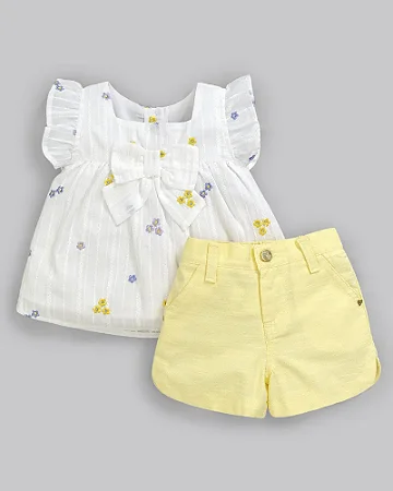 Conjunto Fem Bata Florida Branco e Short Amarelo M - Anjos Baby