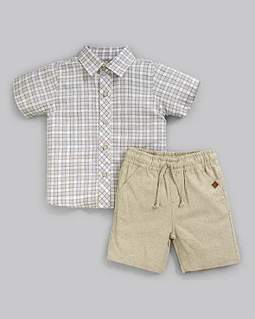 Conjunto Masc Xadrez e Bermuda Linho Bege 01- Anjos Baby