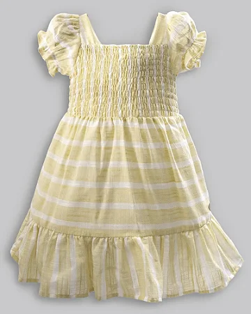 Vestido Maquinetado Listrado Amarelo / Branco  - Anjos Baby