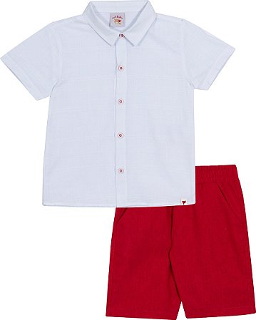 Conjunto Masc Camisa Branca de Botões e Bermuda Vermelha - Nini e Bambini
